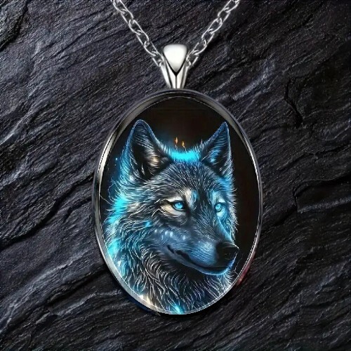 Wolf pattern oval pendant - wolf,