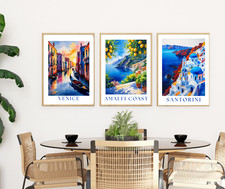 set of 3 mediterranean travel prints Santorini Amalfi Coast Venice wall art