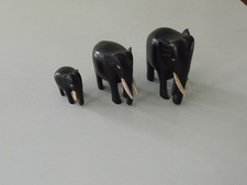 Elephant figures, Antique, Ebony, hand carved Family of three