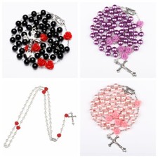 Rosary Necklace Crucifix Catholic Cross Rose Pendant Prayer Religious Beads