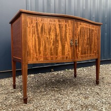 Antique Edwardian Inlaid Mahogany Serpentine Sideboard Cupboard With Spade Feet