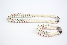 Cultured Pearl Necklace Bracelet Set Ruby Sapphire Emerald x 2