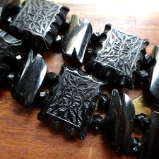 antique Victorian carved whitby jet flower panel bead choker necklace -156