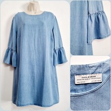 Zara Woman Size M Soft Light Blue Denim Style Tunic A-Line Short Dress 