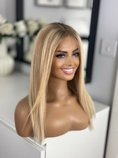 ?Glueless Highlight 150%DEN Honey Blonde Roots Lace Bob 16” 100% Human Hair Wig
