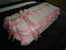 hand crochet baby girls blanket car seat 26" square WHITE/PINK *NEW*