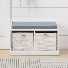 New Wooden Storage Bench Hallway Shoe Rack Cushion Seat w/2 Large Wicker Basket