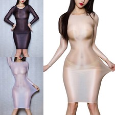 UK Womens Glossy Swimsuit Longsleeve Party Bodycon Slim Sexy Cover Up Midi Dress
