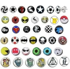  NEW MENS BOYS *SINGLE* OR PAIR LOGO STUD EARRING PICTURE CARTOON STUDS GIRLS 