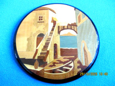 Vintage Marquetry Unusual Round Attardi Sorrento Italy Scene Handmade Inlaid  13