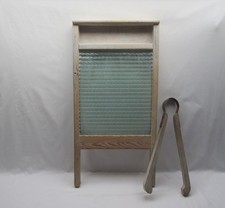 Vintage wooden washing wash laundry tongs & ACME ribbed glass & wood washboard