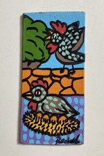 Small Contemporary Vintage Chickens Easter Painting On Card Signed 16cm X 7.5cm