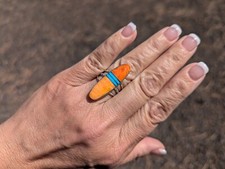 Navajo Red & Orange Spiny Oyster Ring Oval Accents Inlay Jewelry