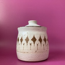 Furness Pottery Small Lidded Pot Ceramic White Glaze With Brown Diamond Detail