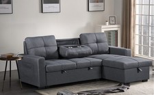 Naples Linen 3 Seater Pullout Sofa Bed with Storage and Drop Down Drinks Holder