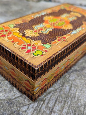 Vtg Painted Pyrography Bulgarian Wood Folk Art Keepsake Poker Work Jewellery Box