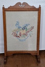Vintage Wood & Glass Fire Screen Guard with Floral Tapestry - 79x48cm
