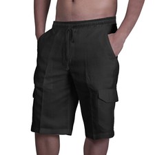 Pants Cargo Shorts Elastic Waist Drawstring Solid Color Men Cotton Linen Loose