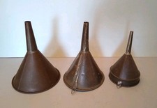 Three vintage metal Automotive  fuel / oil filling funnels