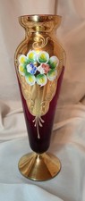 Vintage Venetian Red Murano Glass Vase With Enamel Decoration 22ct Gold Gilding