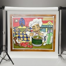 Large Ceramic Tile, Mural “Chef In The Kitchen” , Hanging Backsplash 16”/13”
