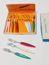 Vintage Boxed Set of 12 Stainless Steel & Plastic Handled Little Cocktail Forks