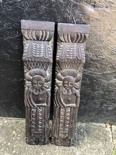 Antique pair of CARVED OAK NOBLEMEN CORBELS plaque appliques caryatids fragments
