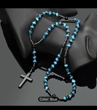Rose mary beads Cross Necklace Rosemary Rosary beads Black and blue New STUNNING