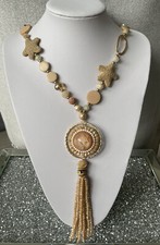 Gorgeous Beige Gold Longline Statement Lagenlook Beaded Tassel Necklace BNWT B1