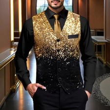 Men's Sequin Waistcoat Jacket Glitter Black Gold Shiny Sparkly Formal Vest Coat