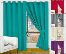 Decent FAUX SILK Ready Made CURTAINS with TIE BACKS - Fully Lined 8 Plain Colors