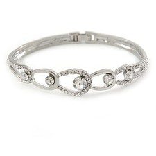 Clear Crystal 'Loop' Bangle Bracelet In Silver Tone - 18cm L