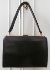 Vintage 1950's Dark Brown Leather Boxy Top Handle Ladylike Hand Bag Handbag