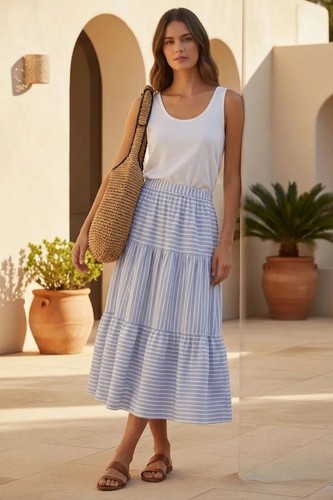 Pale blue stripe tiered - tiered, midi