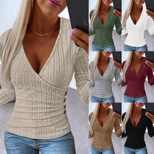 Women Ribbed V Neck Wrap Tops