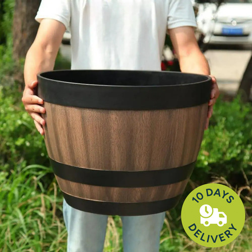 Resin walnut barrel planter - walnut,
