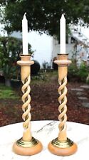 Vintage MCM Pair Turned Wooden Barley Twist Candlesticks Brass Made in Italy