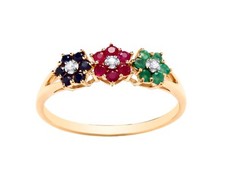 9ct Yellow Gold Emerald Ruby Sapphire & Diamond Triple Cluster Ring size J to S