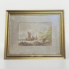 Original Antique Watercolour-Fishing Boats on the Beach-Signed W Charles-1875