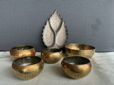 5 Vintage Indian Small Engraved Brass Bowls & a Leaf Shaped Dish