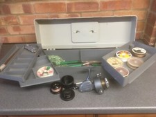 Vintage 70s CeKa 1628 fishing tackle box with Shakespeare Norris reel,scales etc