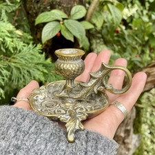 Antique Brass Chamberstick Thistle Alter Candle Holder Ornate Art Nouveau Wicca