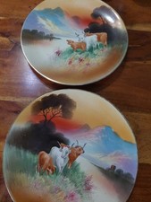 Windsor Ware Pair of Vintage Hand Painted Cabinet Plates Scottish Highland Cows