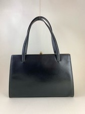 A N Vintage 1950s Black Leather Classic Twin Handle Handbag Fabric Lining