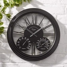 Large Wall Garden Clock Thermometer Hygrometer Outdoor Decor Black Home 38cm