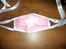 PINK PLASTIC PVC MASK WHITE CROSS SATIN TIES  GOTH DOCTORS AND NURSES