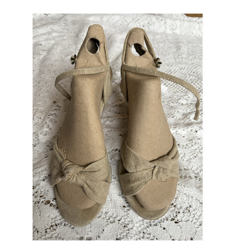 Beige fabric strappy wedge - fabric,