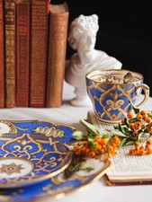 Antique Porcelain Ridgway Tea Cup Saucer With Iris Pattern, Klein Blue c.1840s