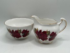 VINTAGE ROYAL VALE DARK RED ROSES - BONE CHINA CREAMER JUG + SUGAR BOWL