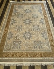Luxury Rug 150x225 cm | Soft Wool & Silk Blend | Beige Blue Floral Carpet